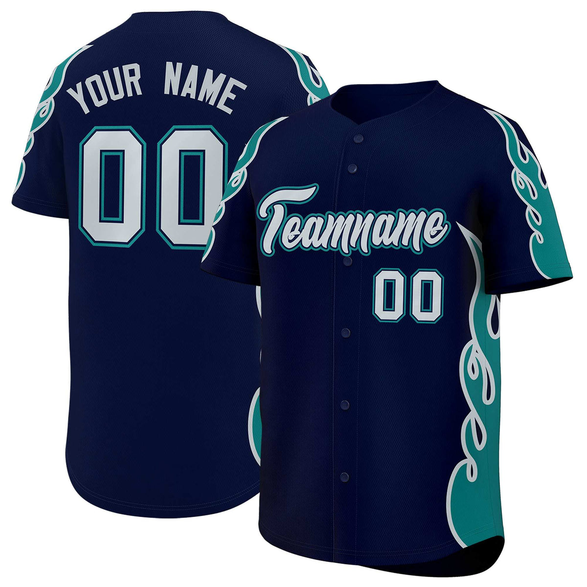 Custom Navy Teal Side Flame Outline Pattern Sports Uniform Basetball Jersey