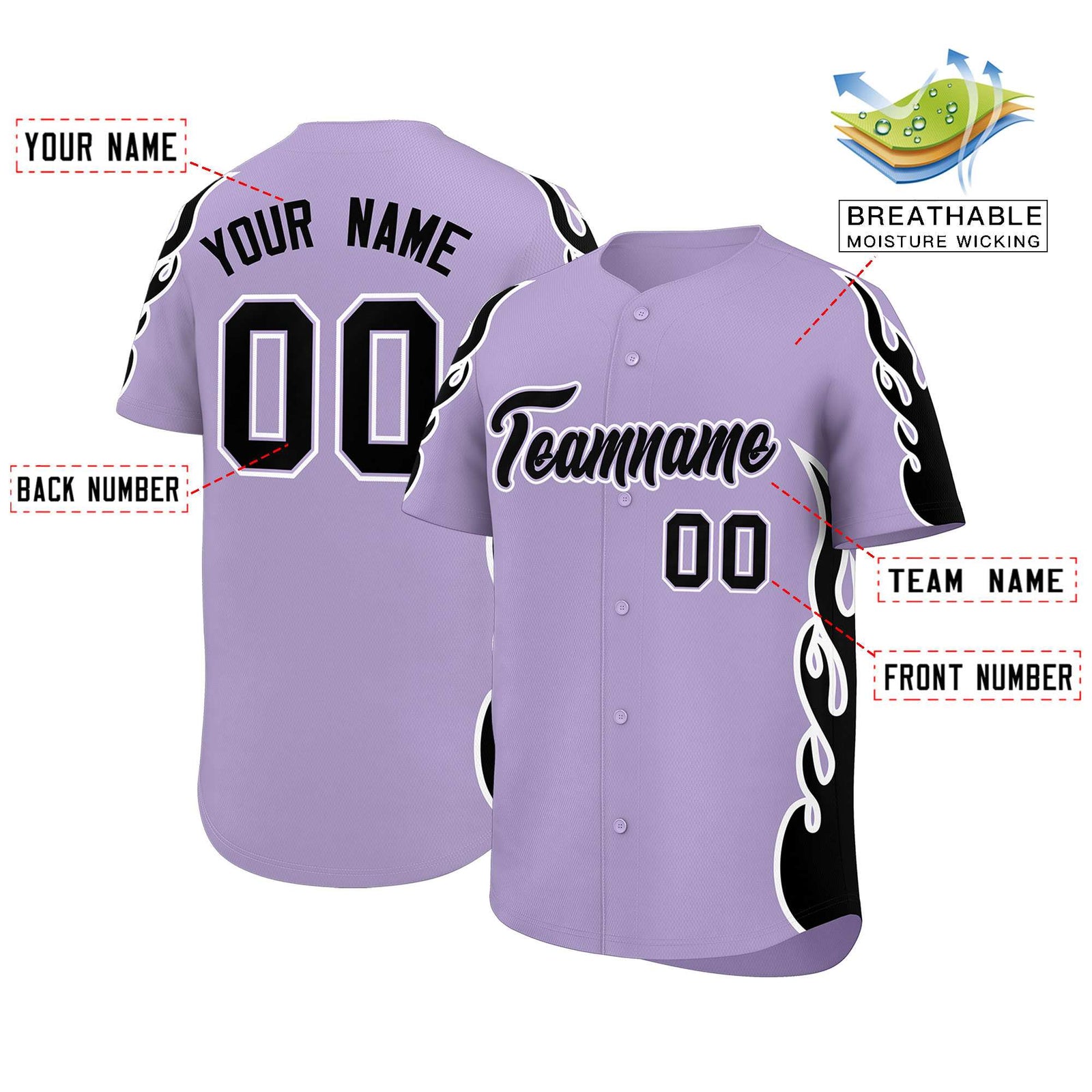Custom Light Purple Black Side Flame Outline Pattern Sports Uniform Basetball Jersey