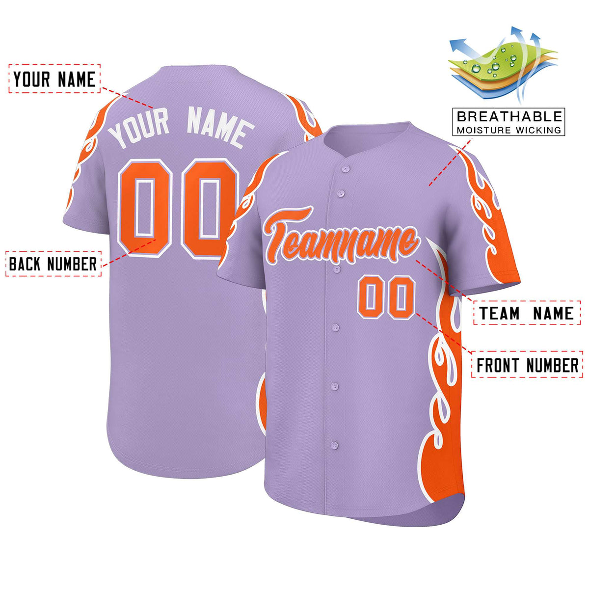 Custom Light Purple Orange Side Flame Outline Pattern Sports Uniform Basetball Jersey