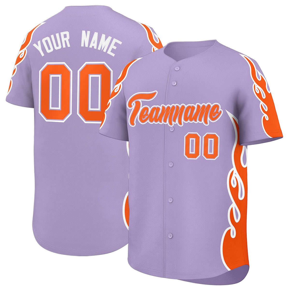 Custom Light Purple Orange Side Flame Outline Pattern Sports Uniform Basetball Jersey