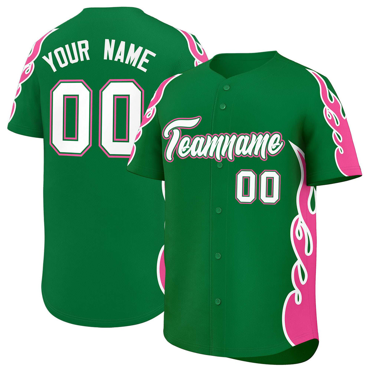 Custom Kelly Green Pink Side Flame Outline Pattern Sports Uniform Basetball Jersey