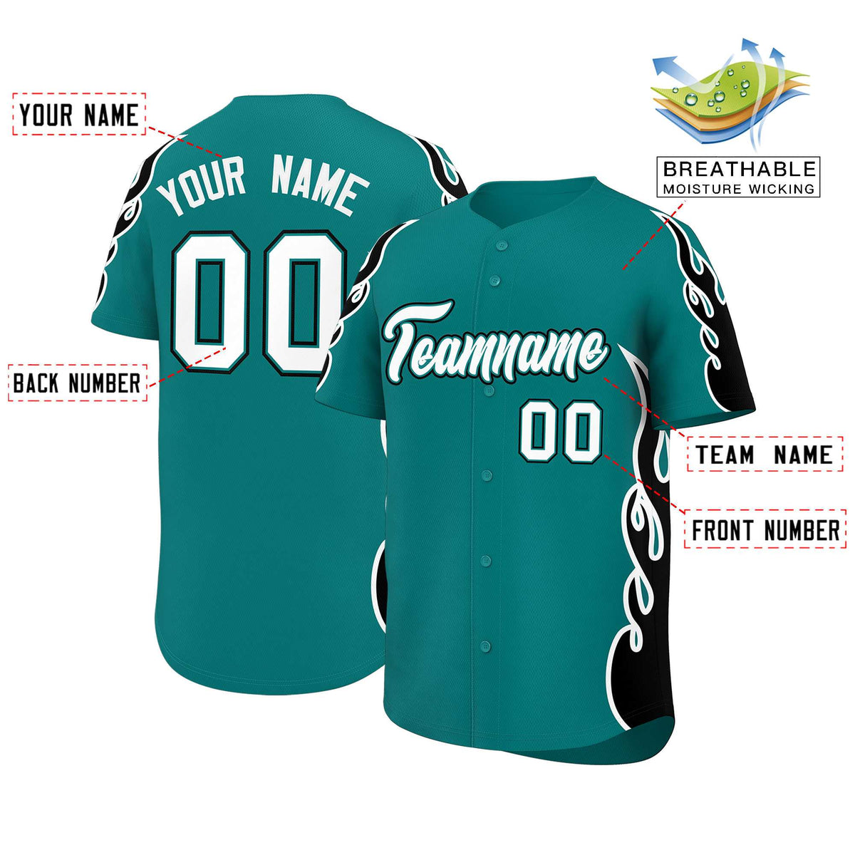 Custom Teal Black Side Flame Outline Pattern Sports Uniform Basetball Jersey