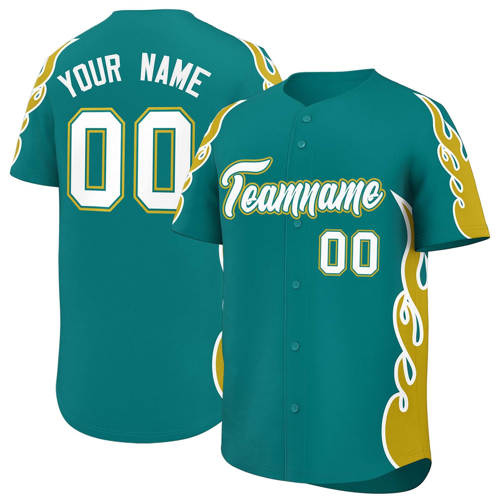 Custom Teal Old Gold Side Flame Outline Pattern Sports Uniform Basetball Jersey