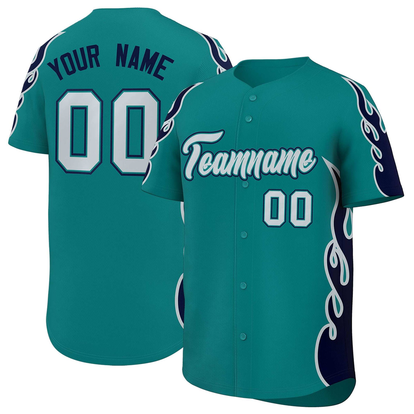 Custom Teal Navy Side Flame Outline Pattern Sports Uniform Basetball Jersey