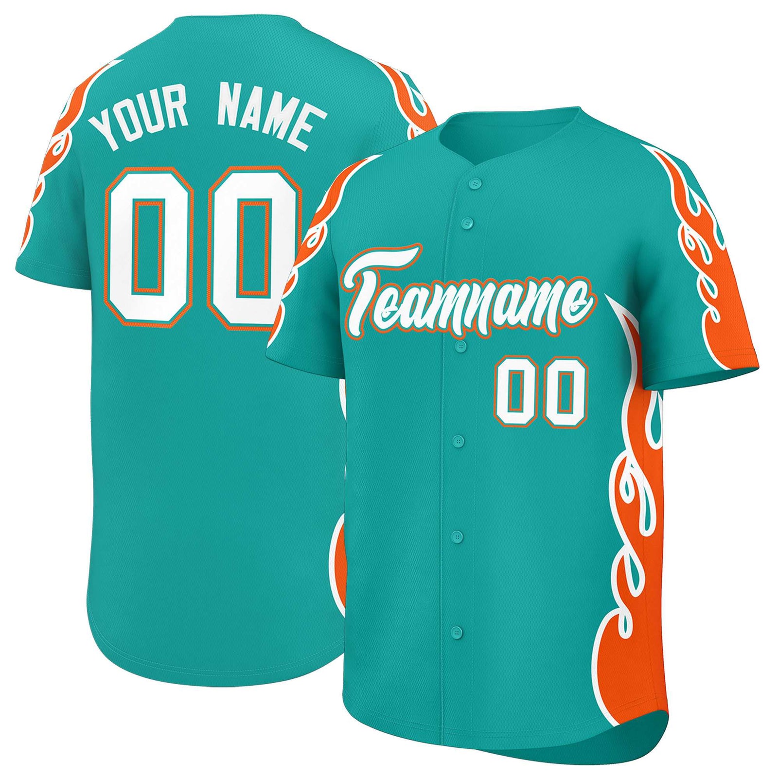 Custom Aqua Orange Side Flame Outline Pattern Sports Uniform Basetball Jersey