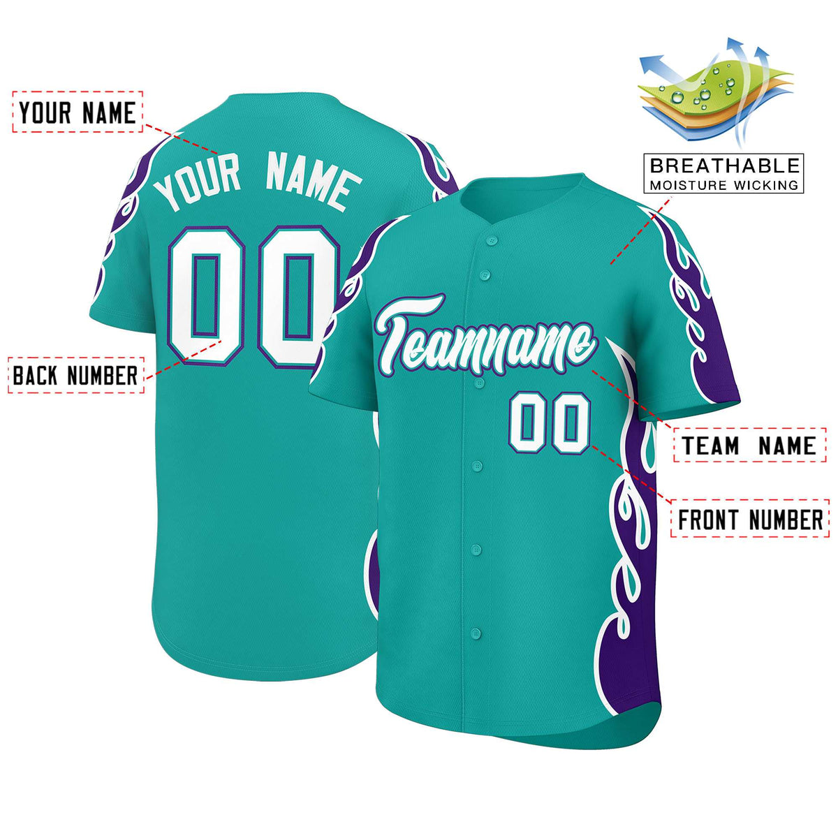 Custom Aqua Purple Side Flame Outline Pattern Sports Uniform Basetball Jersey