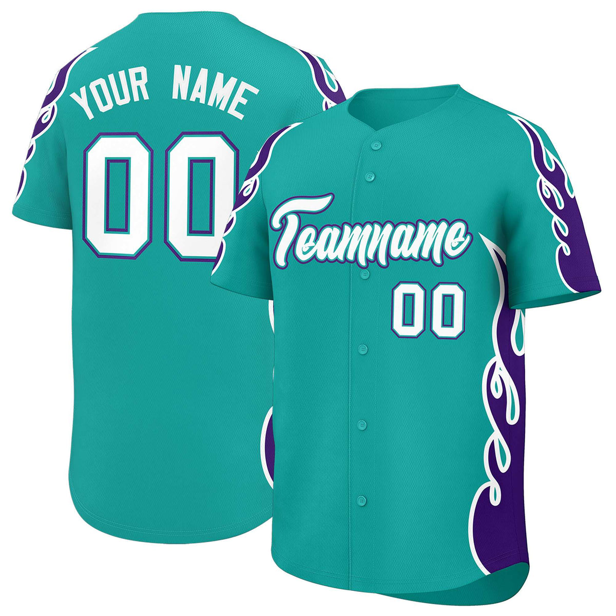 Custom Aqua Purple Side Flame Outline Pattern Sports Uniform Basetball Jersey