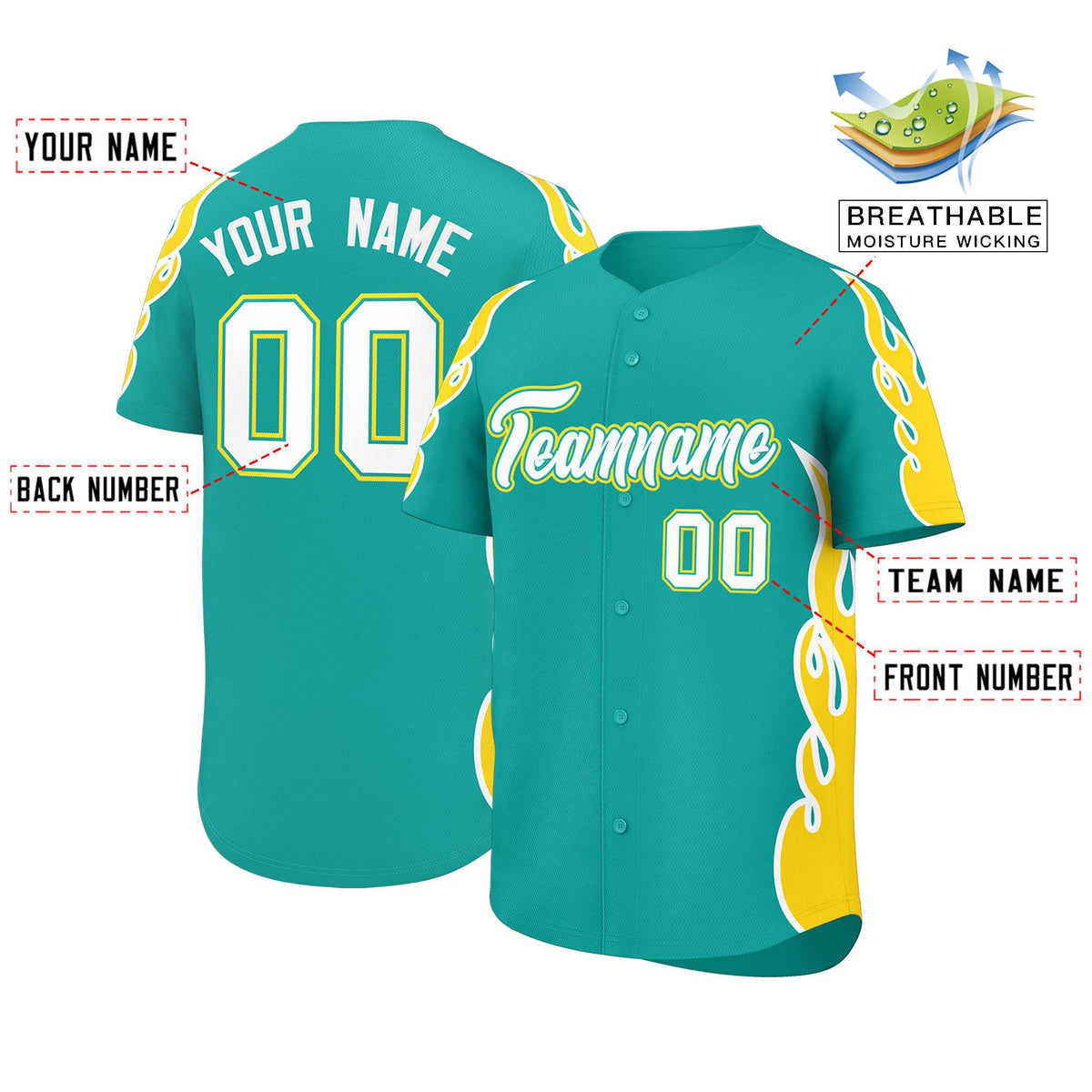 Custom Aqua Gold Side Flame Outline Pattern Sports Uniform Basetball Jersey