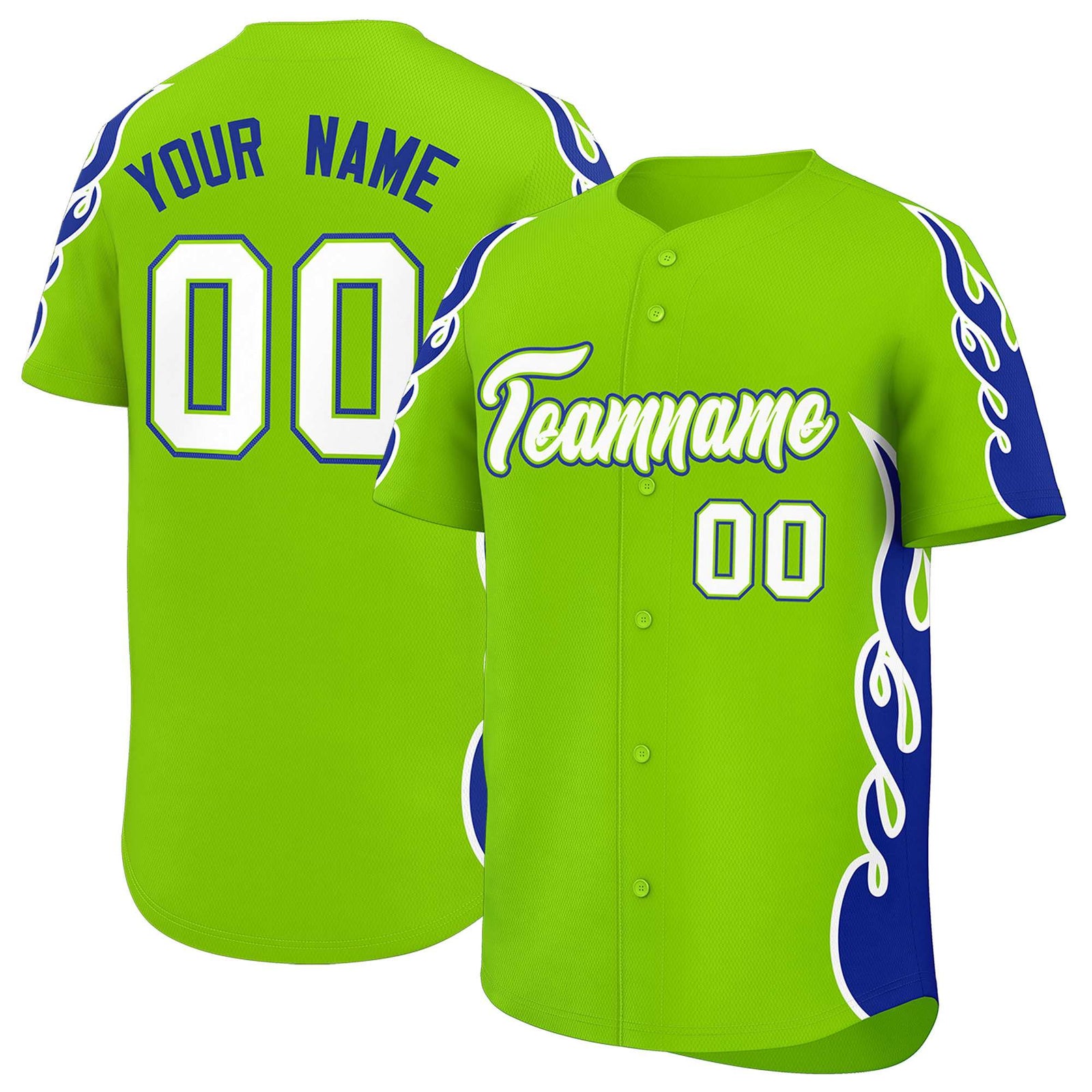 Custom Neon Green Royal Side Flame Outline Pattern Sports Uniform Basetball Jersey