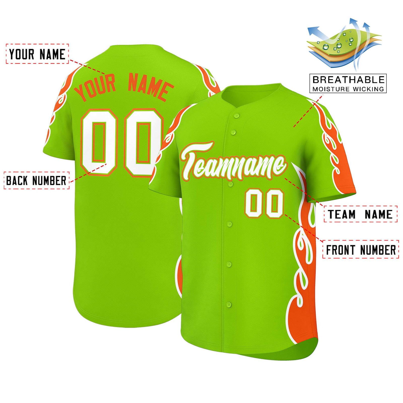 Custom Neon Green Orange Side Flame Outline Pattern Sports Uniform Basetball Jersey