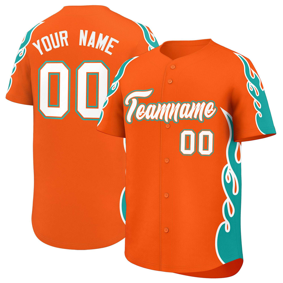 Custom Orange Aqua Side Flame Outline Pattern Sports Uniform Basetball Jersey