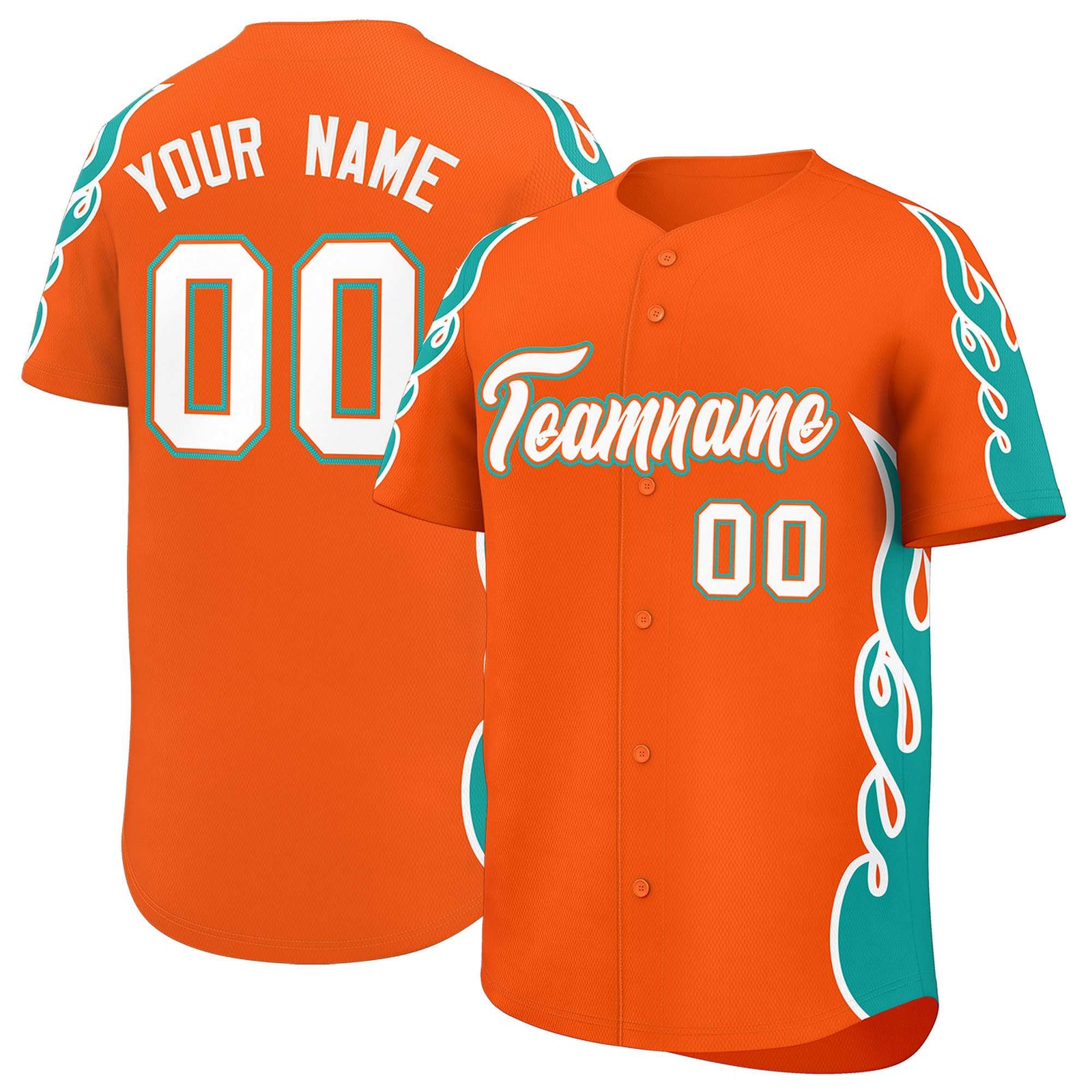 Custom Orange Aqua Side Flame Outline Pattern Sports Uniform Basetball Jersey