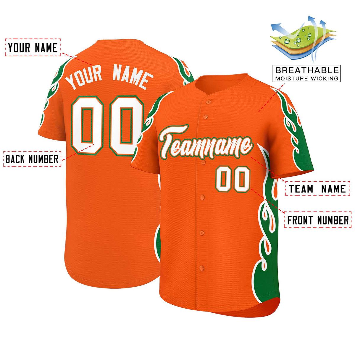 Custom Orange Kelly Green Side Flame Outline Pattern Sports Uniform Basetball Jersey