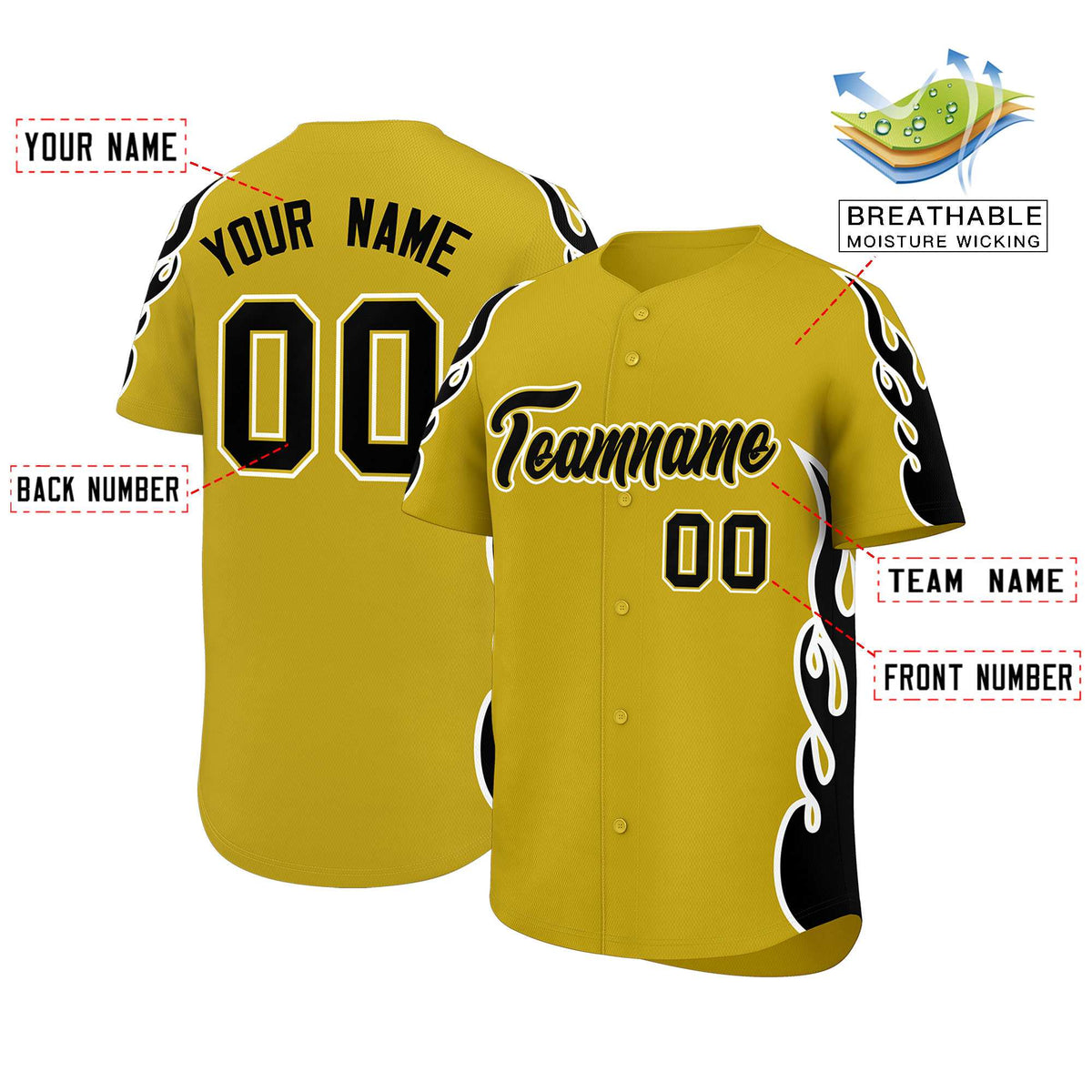 Custom Old Gold Black Side Flame Outline Pattern Sports Uniform Basetball Jersey