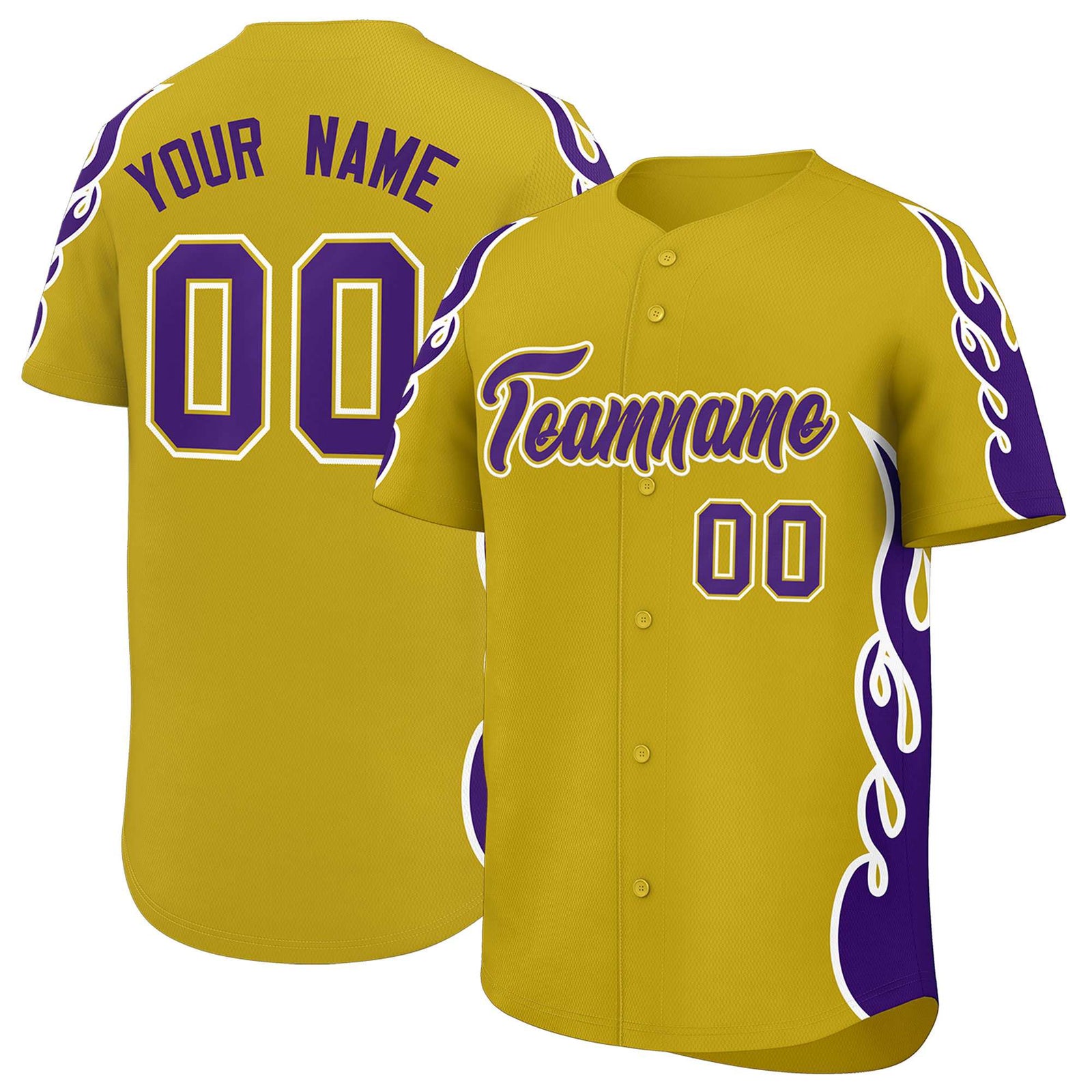 Custom Old Gold Purple Side Flame Outline Pattern Sports Uniform Basetball Jersey