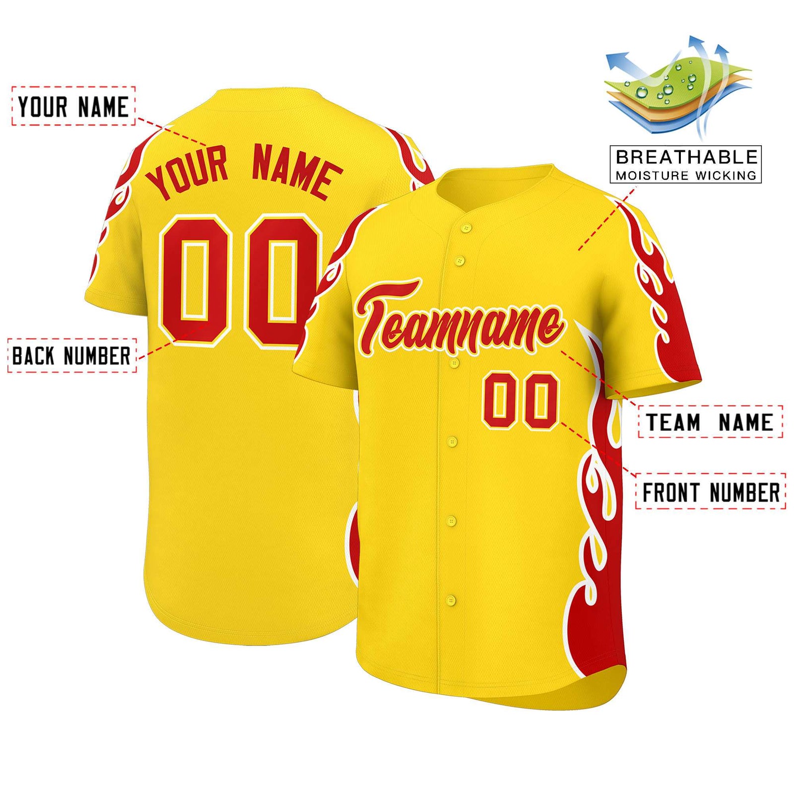 Custom Gold Red Side Flame Outline Pattern Sports Uniform Basetball Jersey