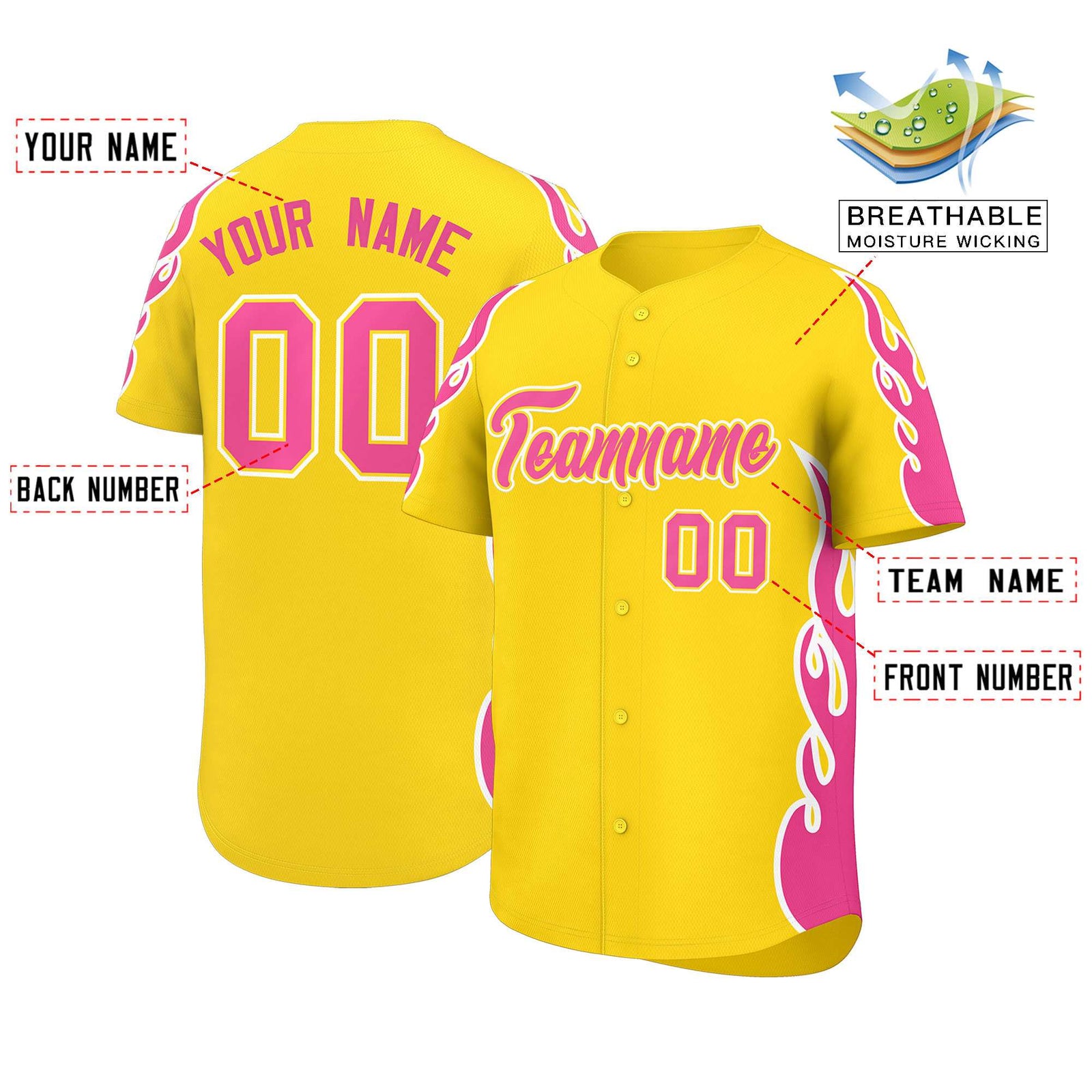 Custom Gold Pink Side Flame Outline Pattern Sports Uniform Basetball Jersey