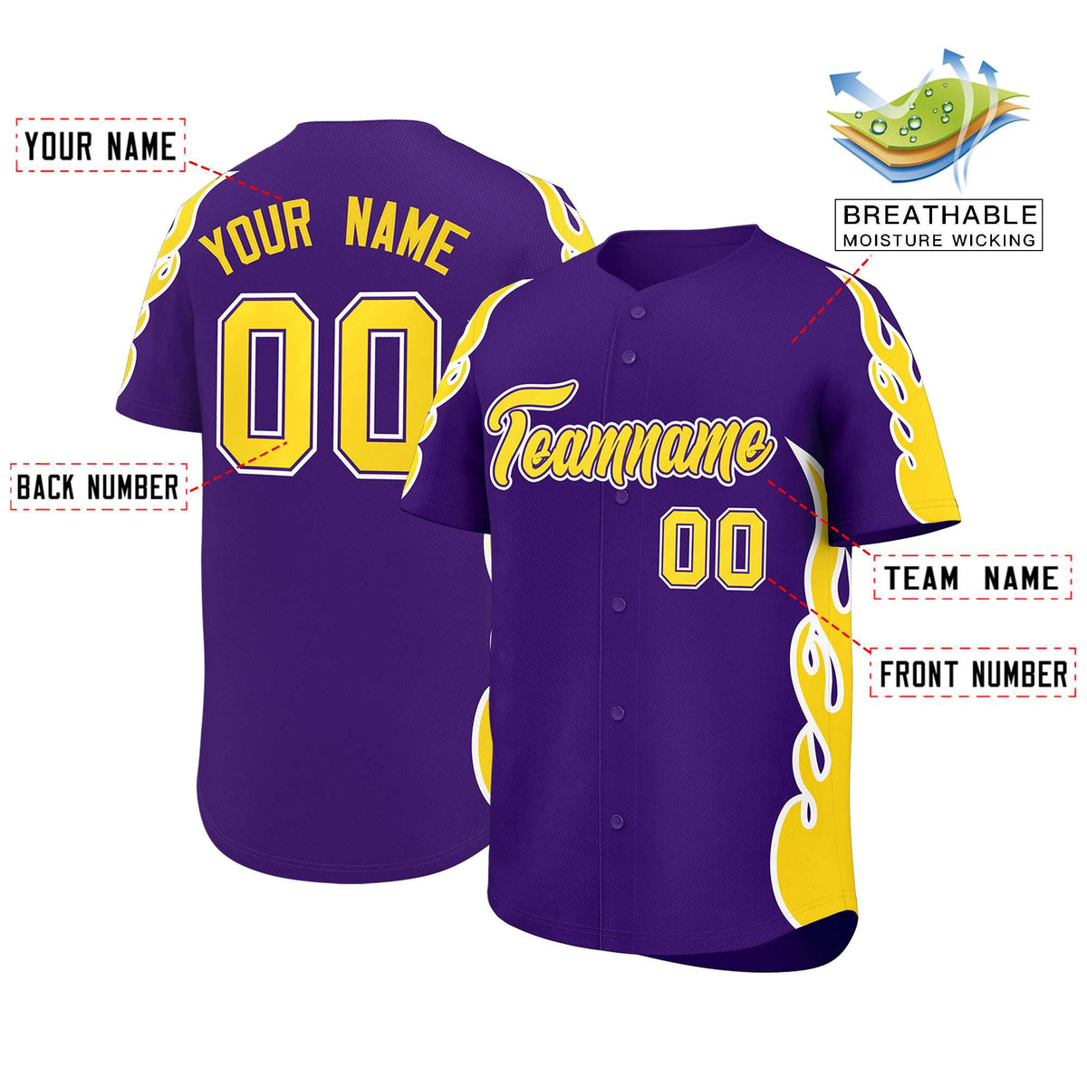 Custom Purple Gold Side Flame Outline Pattern Sports Uniform Basetball Jersey