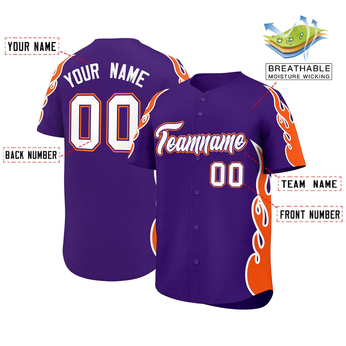 Custom Purple Orange Side Flame Outline Pattern Sports Uniform Basetball Jersey