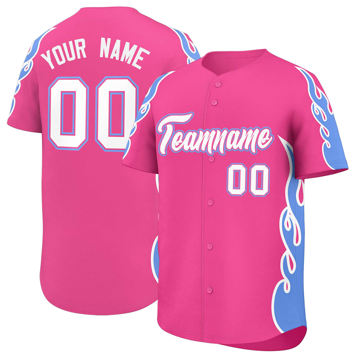 Custom Pink Light Blue Side Flame Outline Pattern Sports Uniform Basetball Jersey