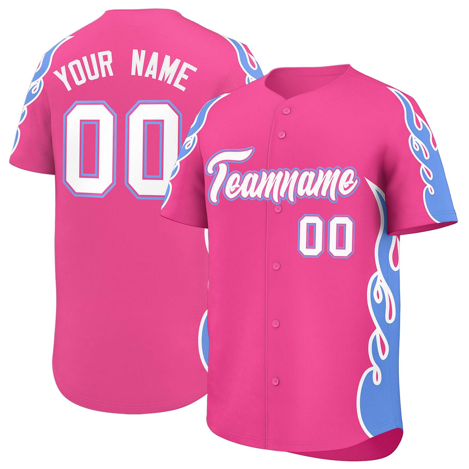 Custom Pink Light Blue Side Flame Outline Pattern Sports Uniform Basetball Jersey
