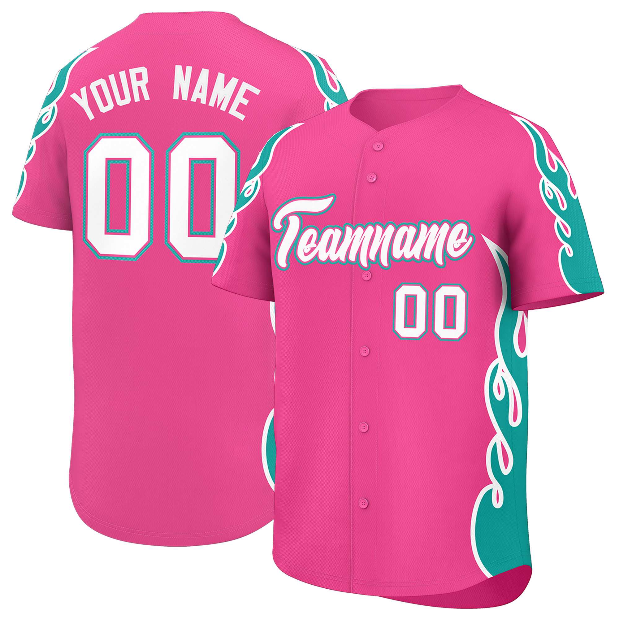 Custom Pink Aqua Side Flame Outline Pattern Sports Uniform Basetball Jersey