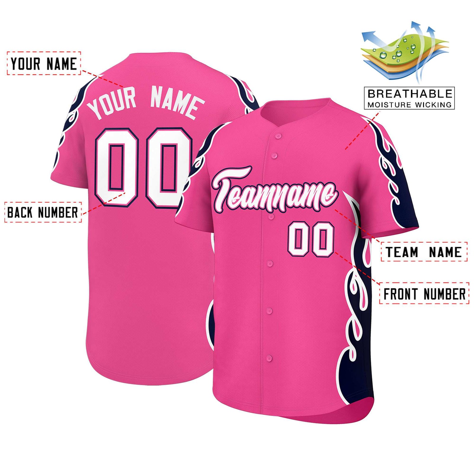Custom Pink Navy Side Flame Outline Pattern Sports Uniform Basetball Jersey
