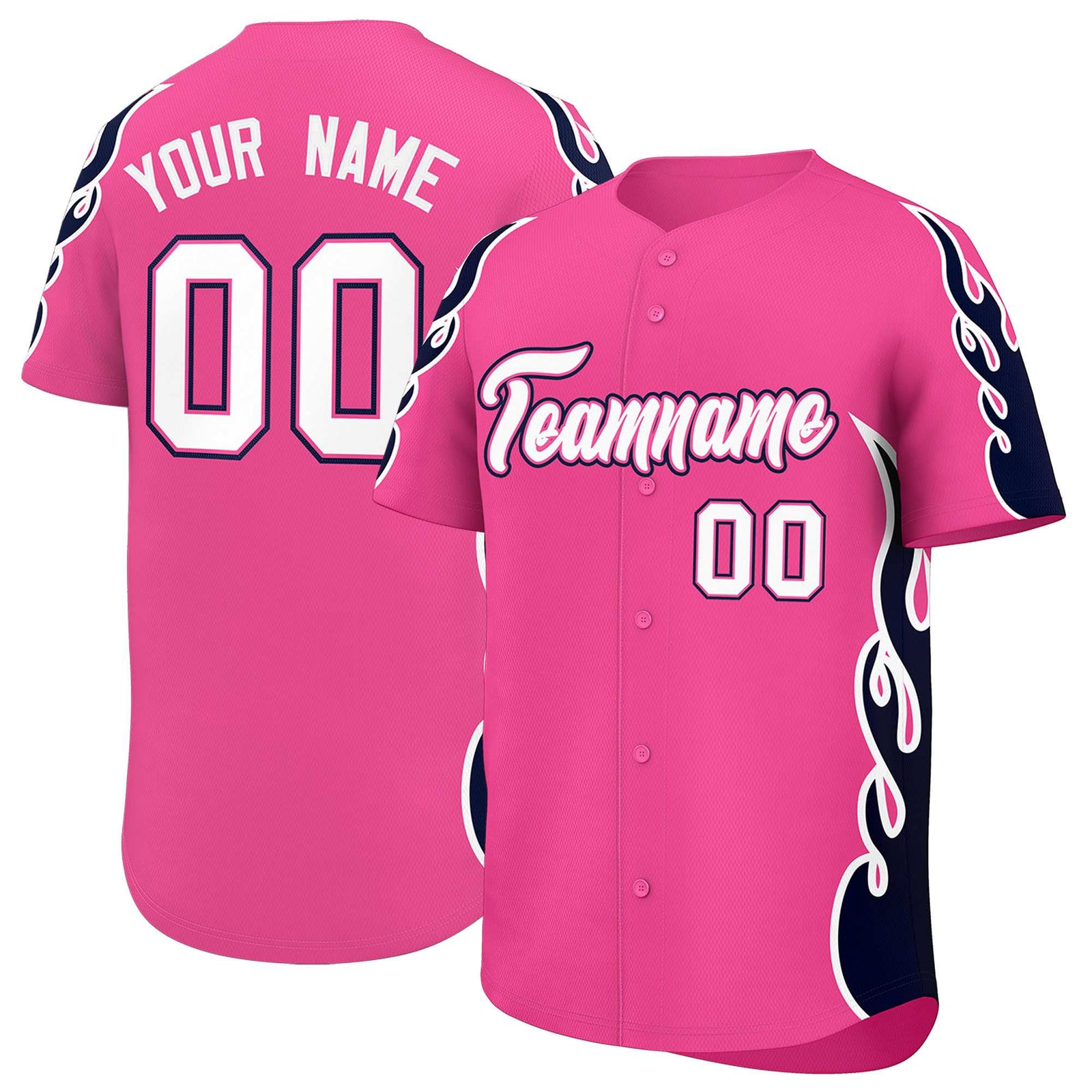 Custom Pink Navy Side Flame Outline Pattern Sports Uniform Basetball Jersey