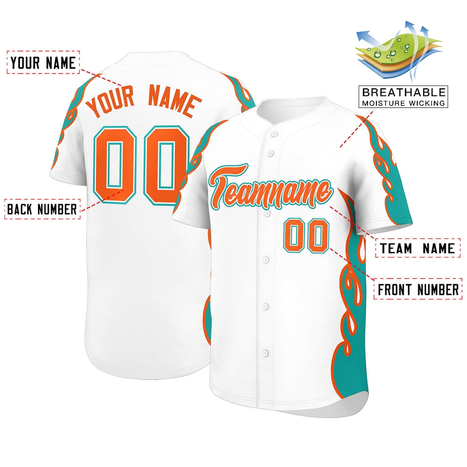 Custom White Aqua Side Flame Outline Pattern Sports Uniform Basetball Jersey