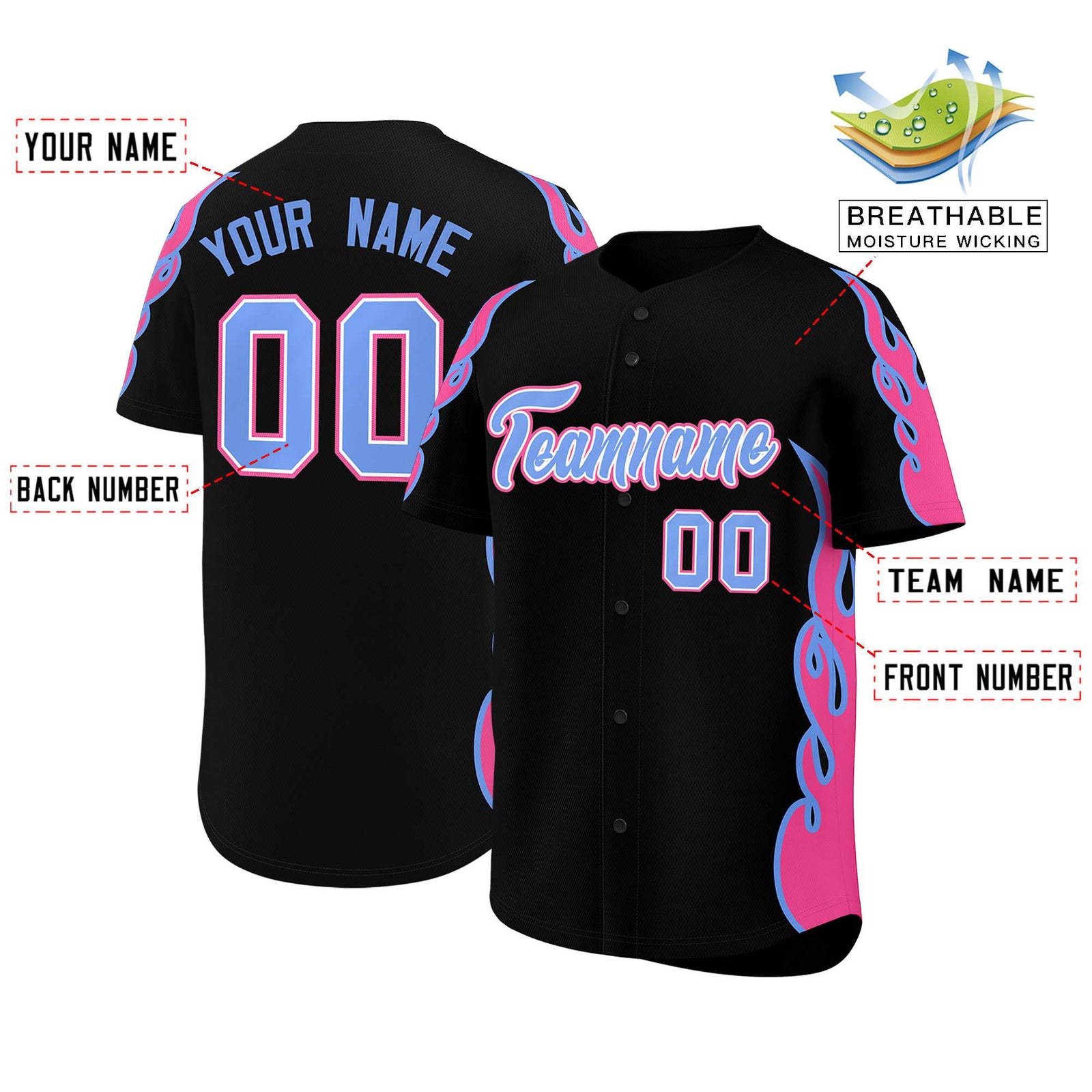 Custom Black Pink Side Flame Outline Pattern Sports Uniform Basetball Jersey