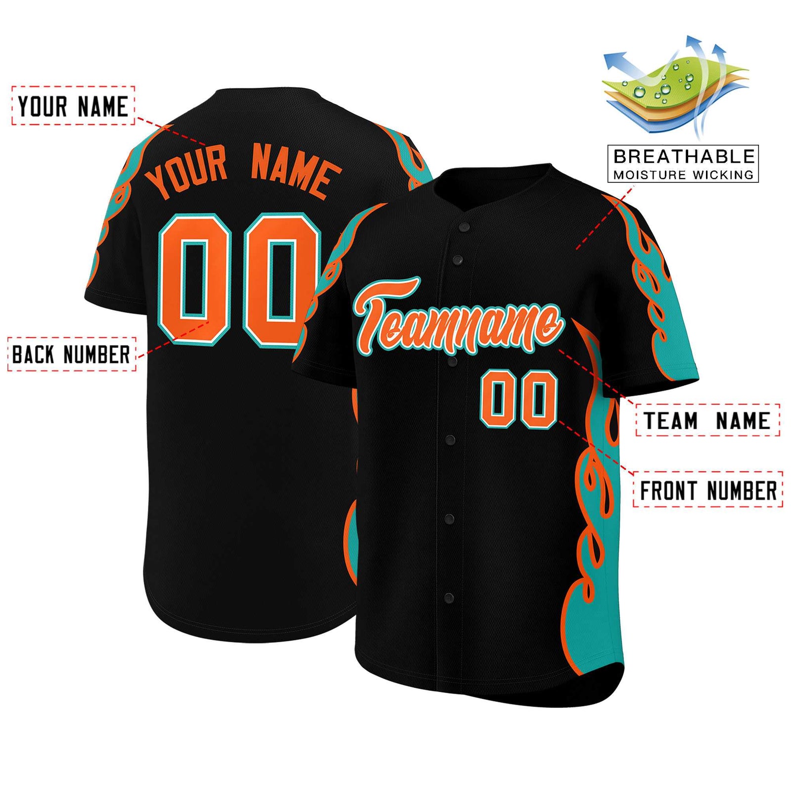 Custom Black Aqua Side Flame Outline Pattern Sports Uniform Basetball Jersey