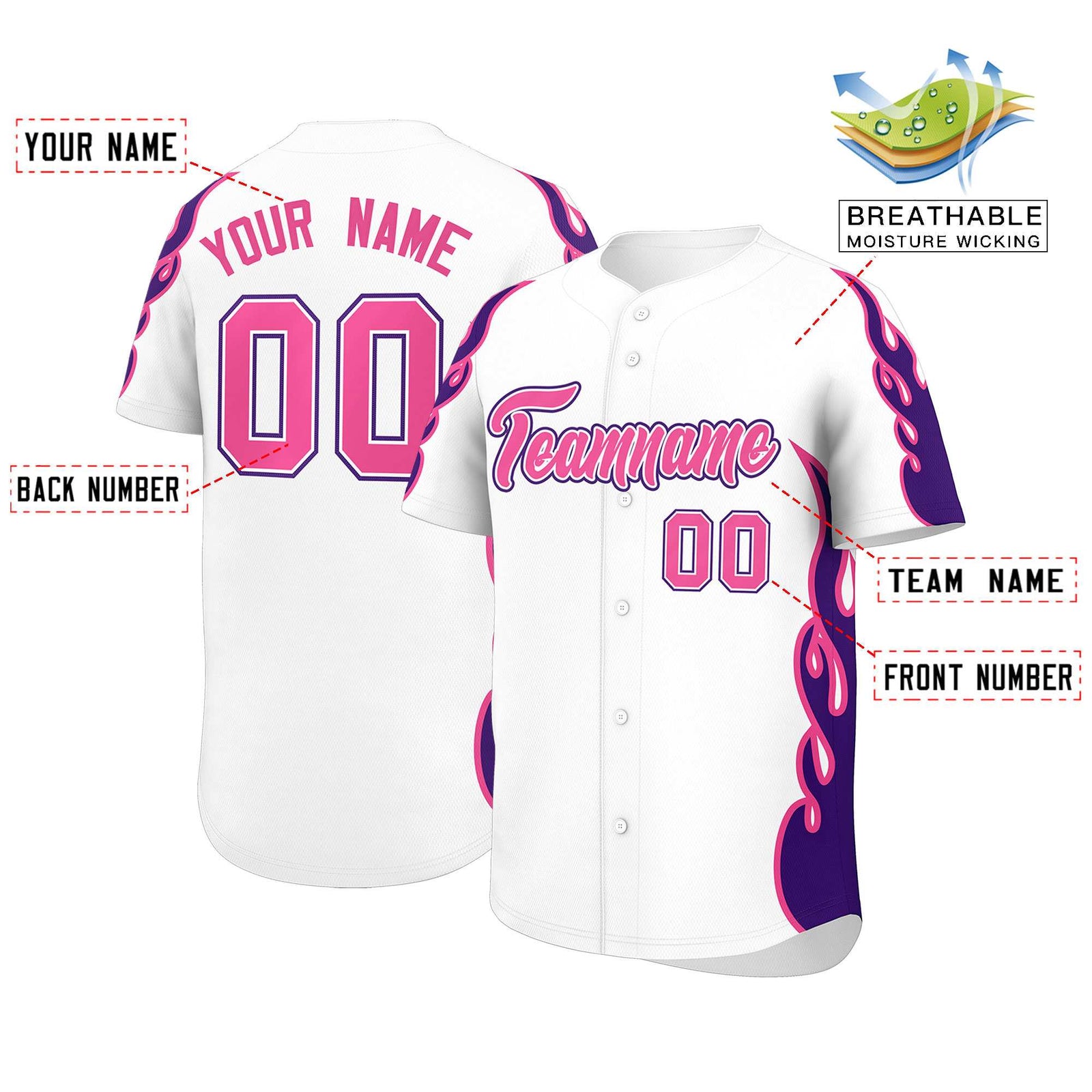 Custom White Purple Side Flame Outline Pattern Sports Uniform Basetball Jersey