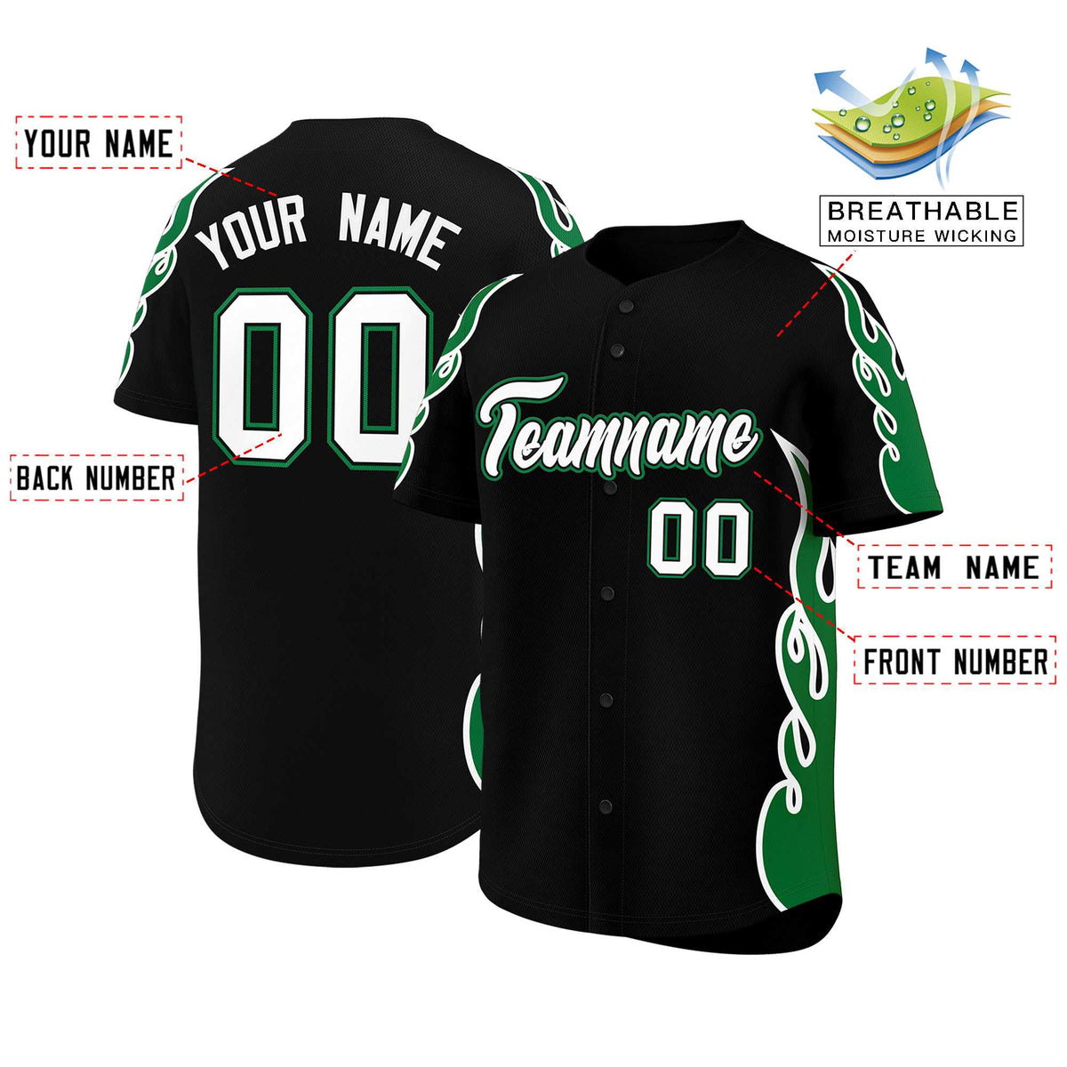 Custom Black Kelly Green Side Flame Outline Pattern Sports Uniform Basetball Jersey