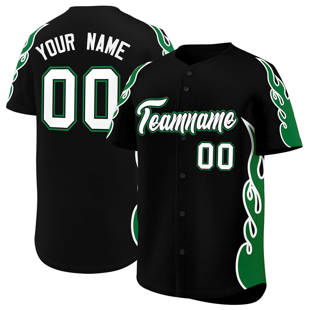 Custom Black Kelly Green Side Flame Outline Pattern Sports Uniform Basetball Jersey