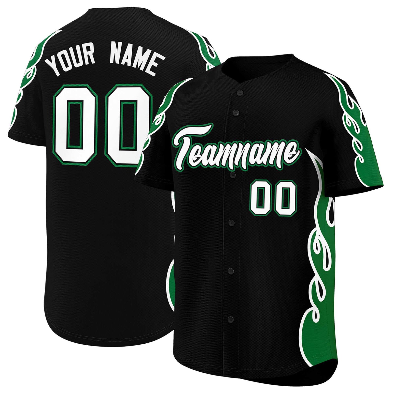 Custom Black Kelly Green Side Flame Outline Pattern Sports Uniform Basetball Jersey