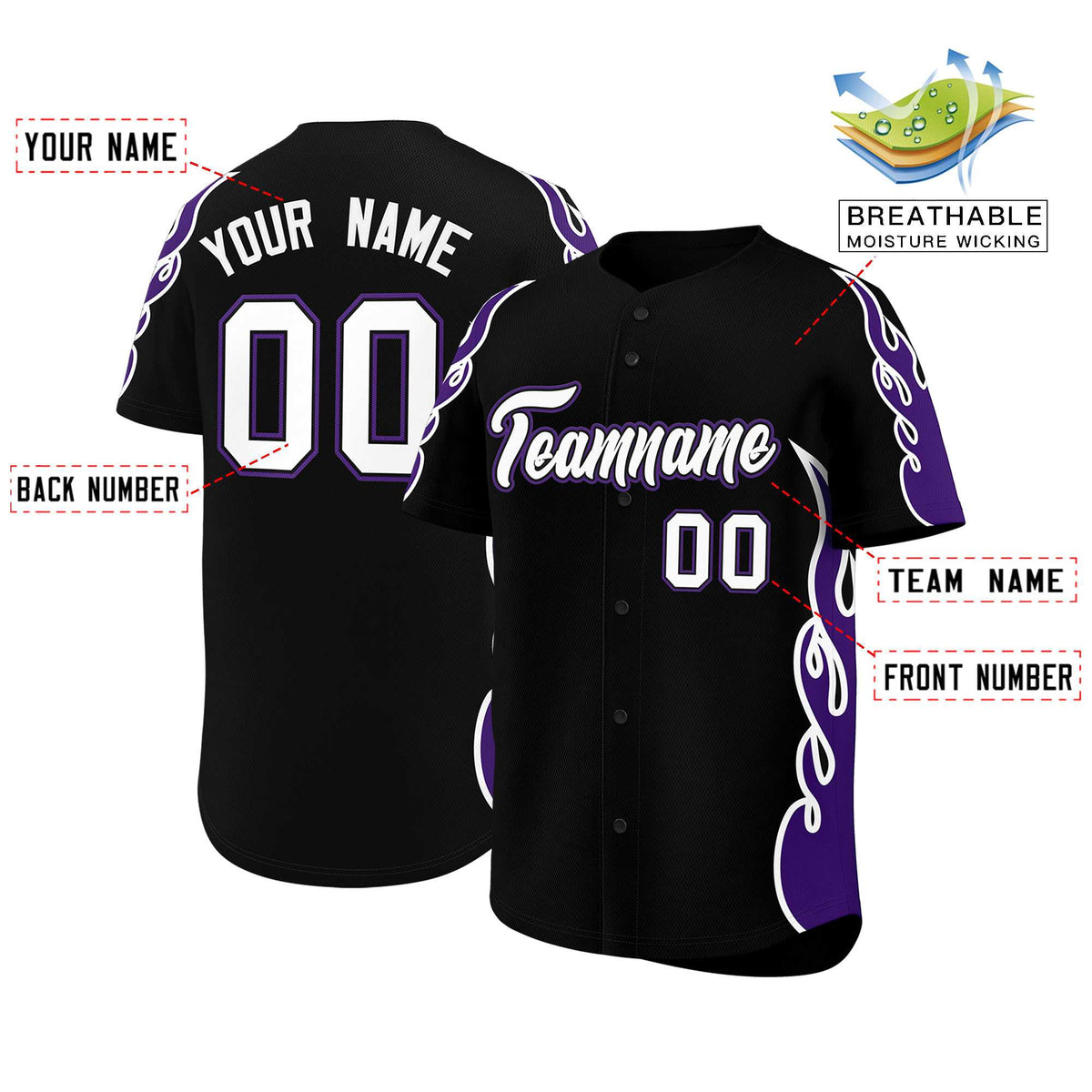 Custom Black Purple Side Flame Outline Pattern Sports Uniform Basetball Jersey