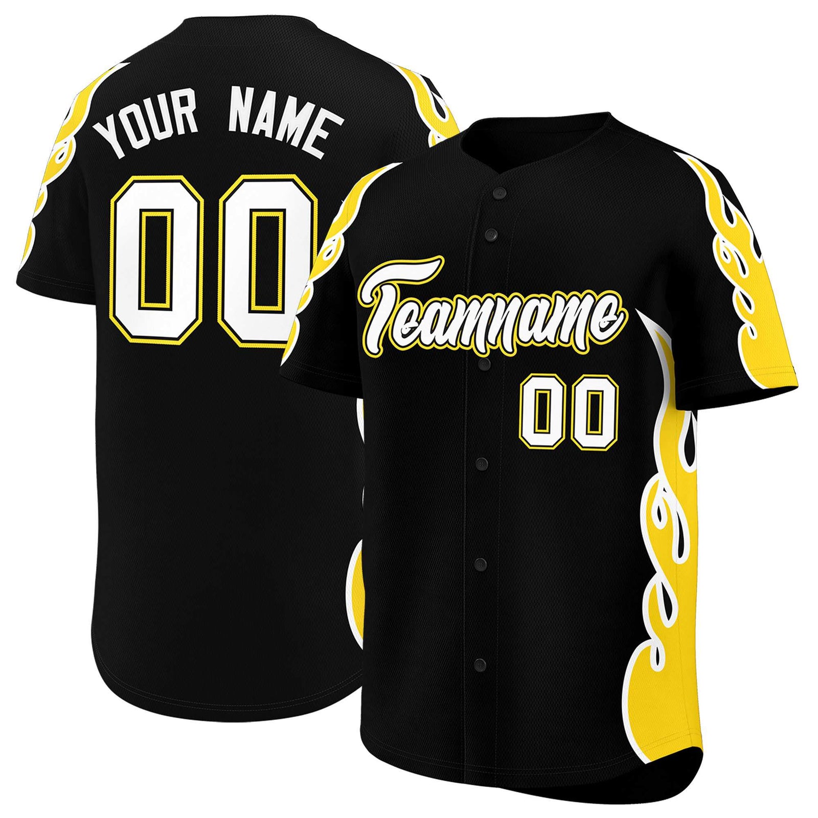 Custom Black Gold Side Flame Outline Pattern Sports Uniform Basetball Jersey