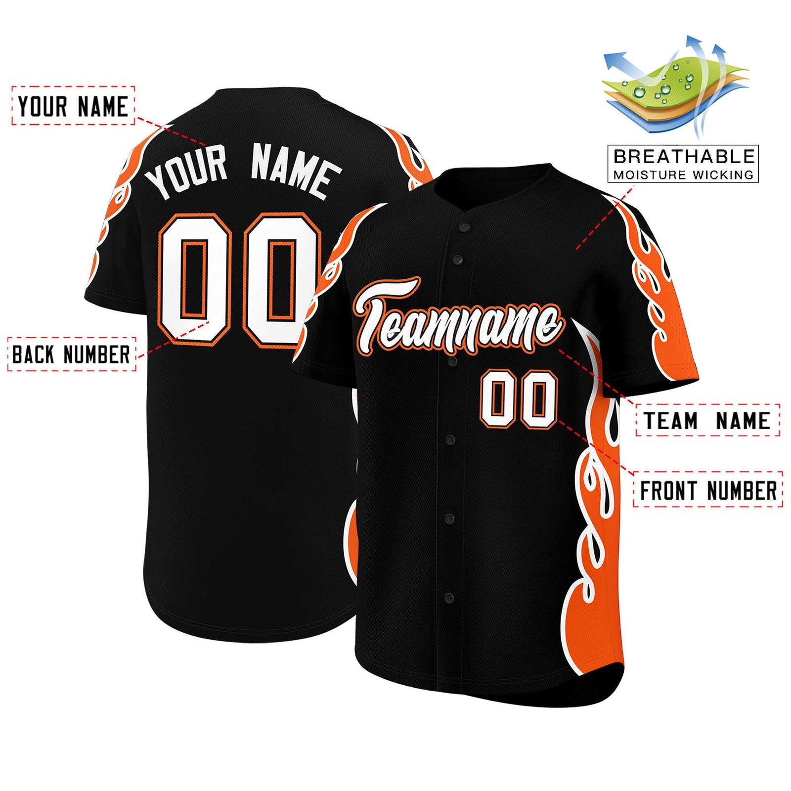 Custom Black Orange Side Flame Outline Pattern Sports Uniform Basetball Jersey