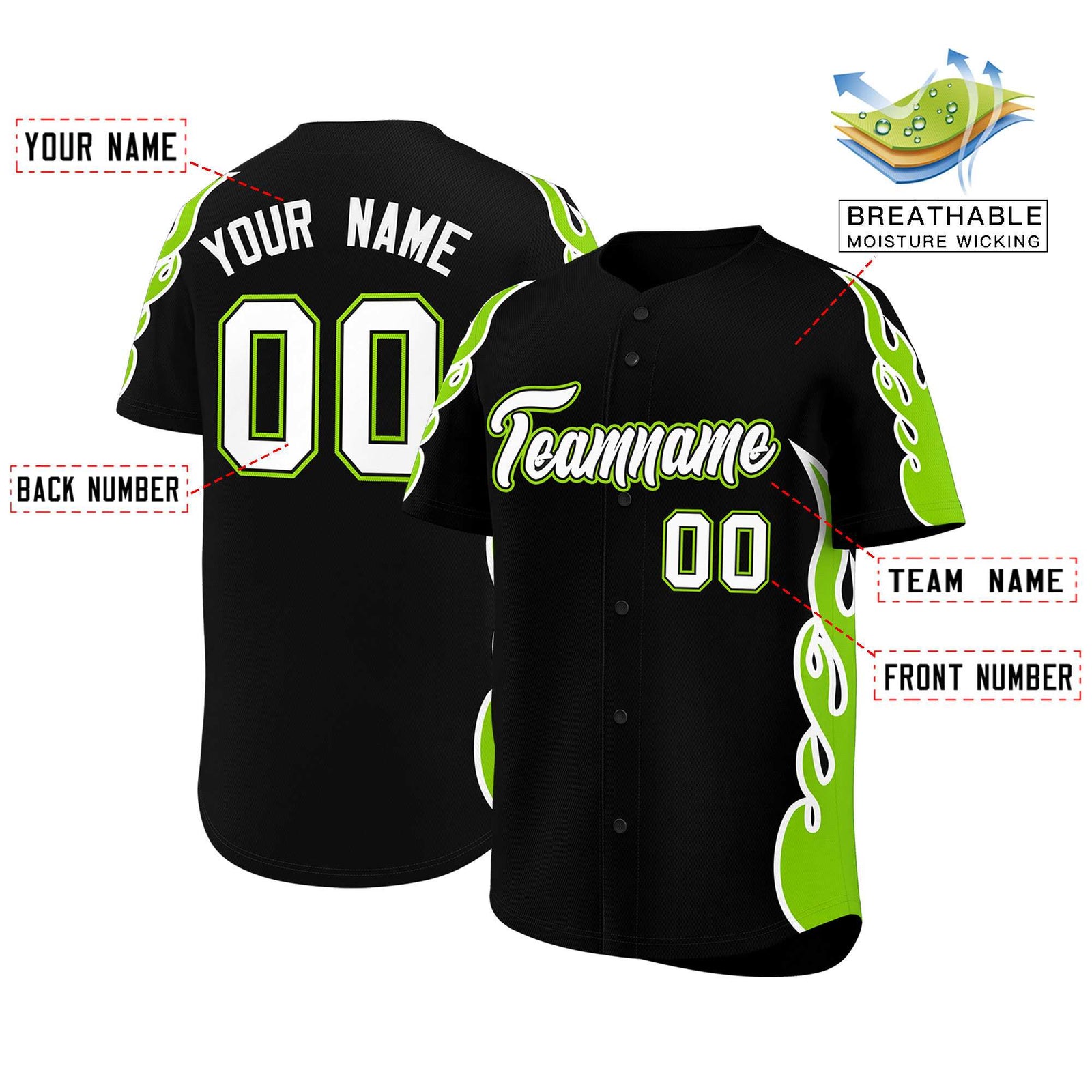 Custom Black Neon Green Side Flame Outline Pattern Sports Uniform Basetball Jersey