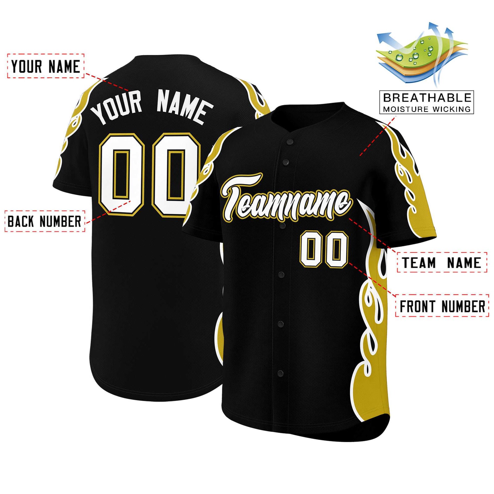 Custom Black Old Gold Side Flame Outline Pattern Sports Uniform Basetball Jersey