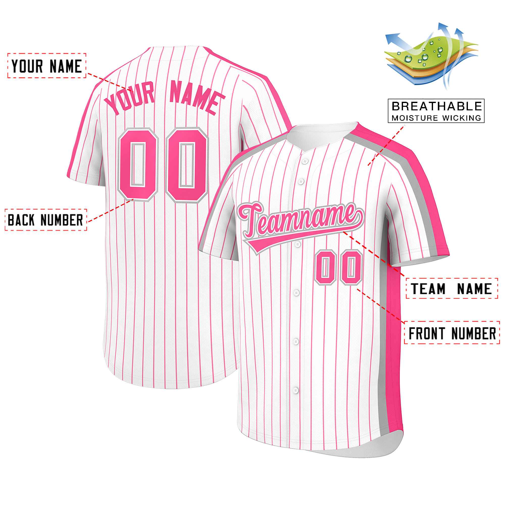 Custom White Pink Pinstripe Personalized Side Two-tone Authentic Baseball Jersey