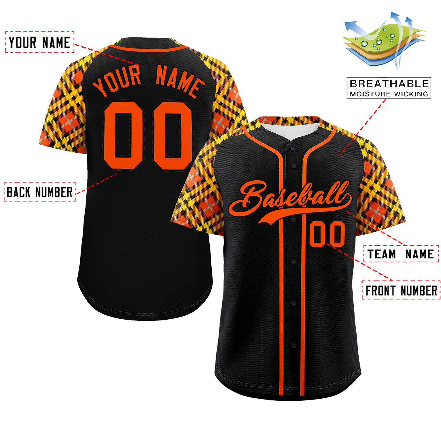 Custom Black Orange- Personalized Raglan Sleeves Authentic Baseball Jersey
