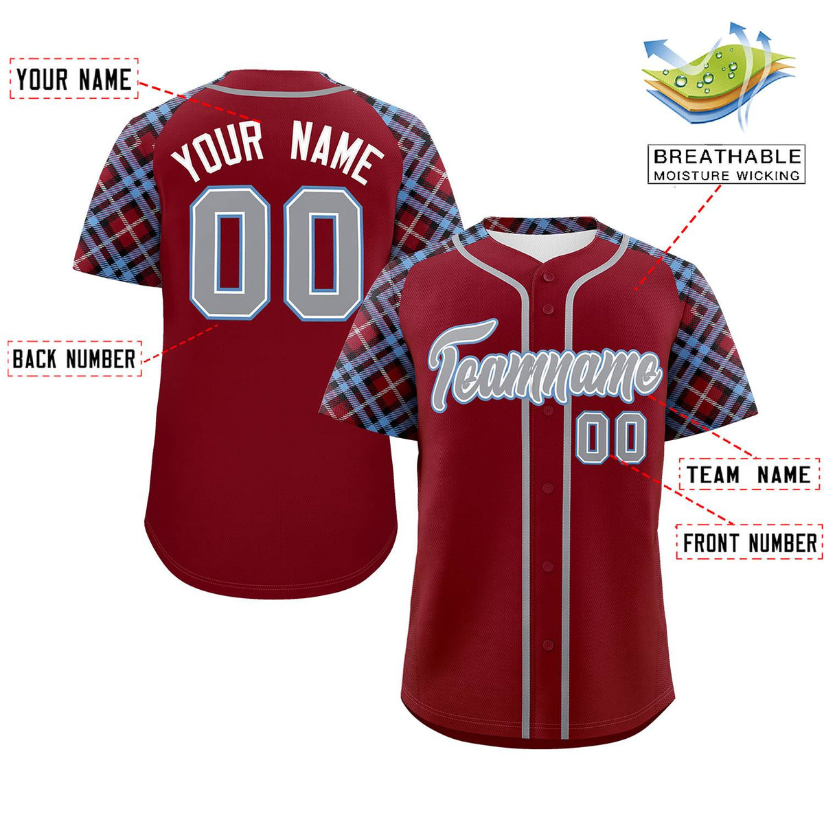 Custom Crimson Gray-Light Blue Personalized Raglan Sleeves Authentic Baseball Jersey
