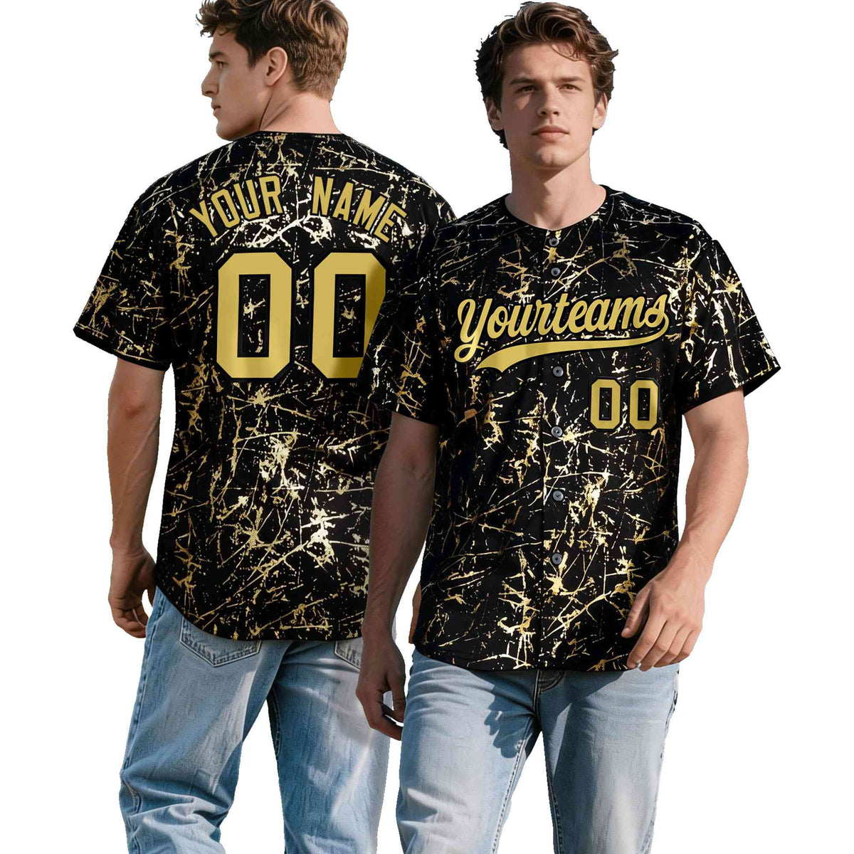 Custom Black Old Gold Shiny Gold Cracked Texture Baseball Jersey