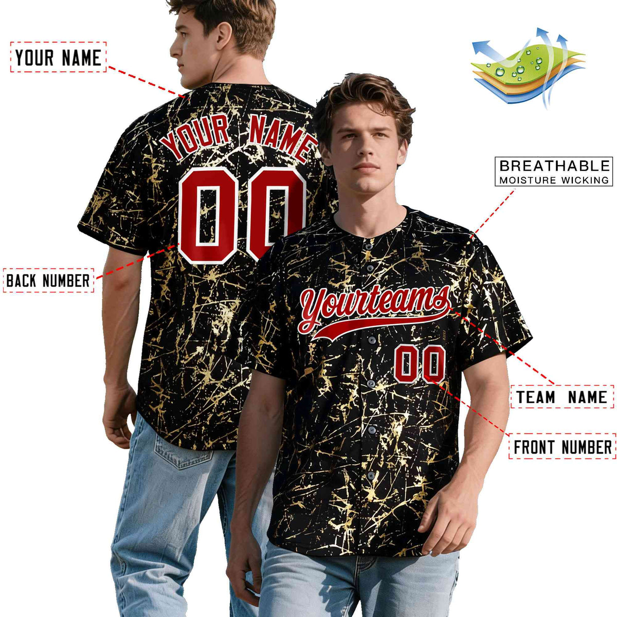 Custom Black Red Metallic Gold Splatter Breathable&amp;Wrinkle-Resistant Baseball Jersey