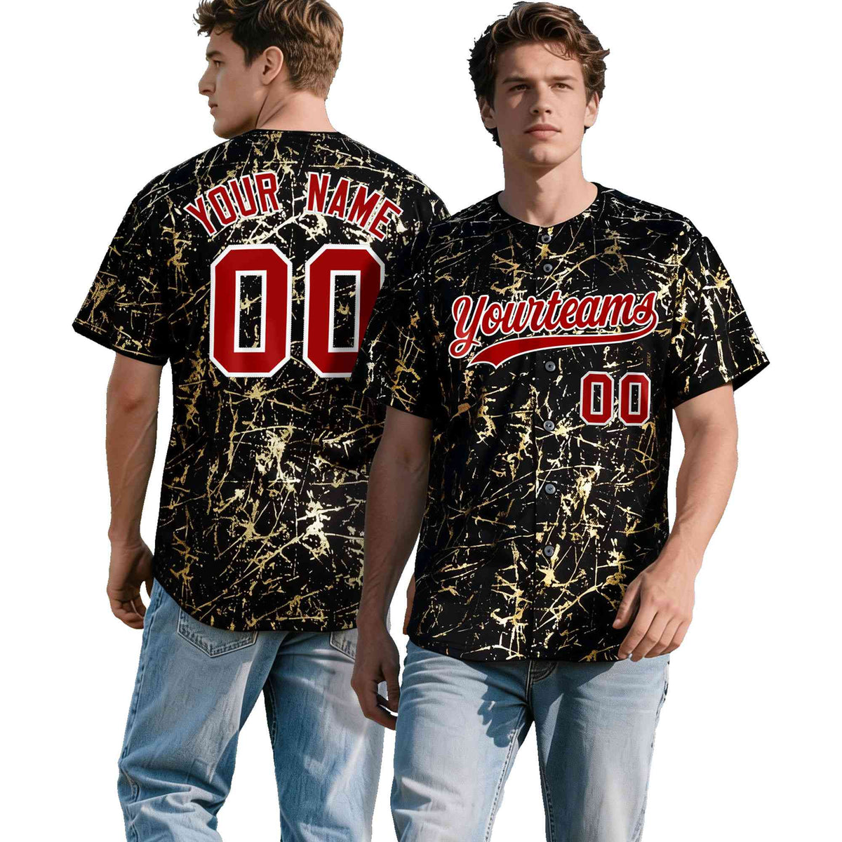Custom Black Red Metallic Gold Splatter Breathable&amp;Wrinkle-Resistant Baseball Jersey