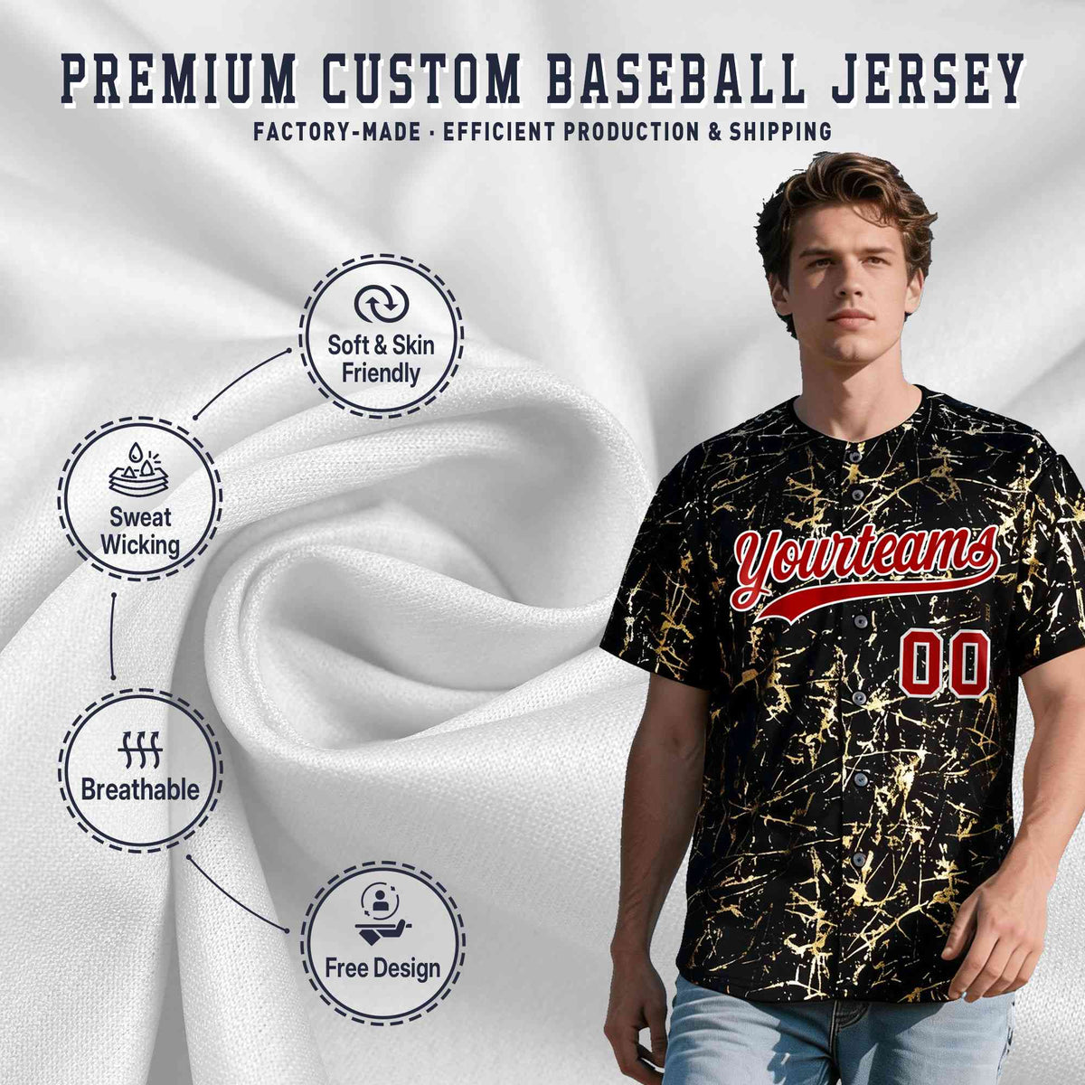 Custom Black Red Metallic Gold Splatter Breathable&amp;Wrinkle-Resistant Baseball Jersey