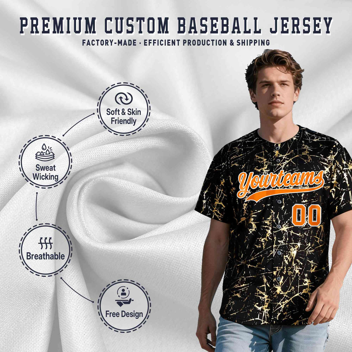 Custom Black Orange Metallic Gold Splatter Urban Streetwear Baseball Jersey