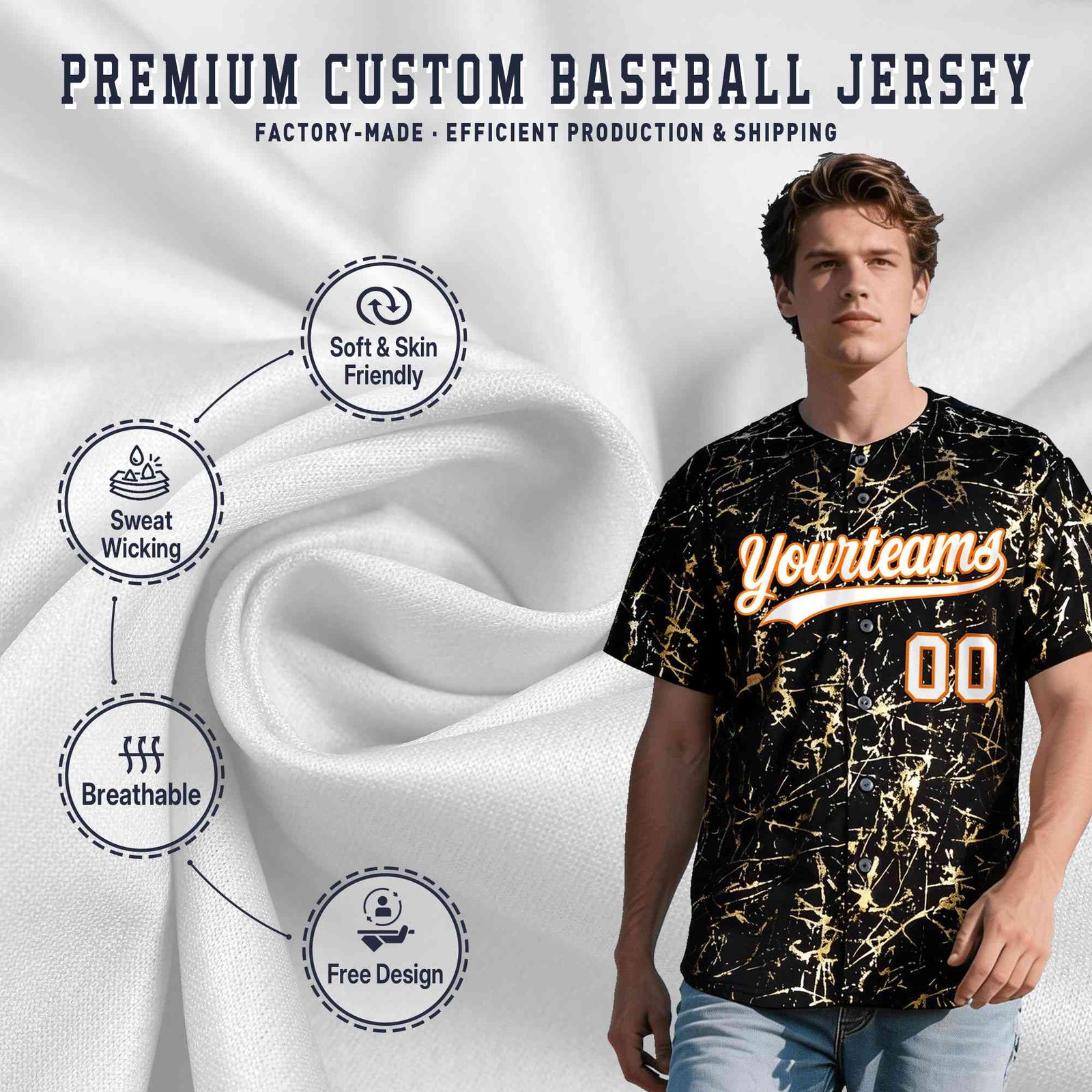 Custom Black White Black&Shiny Gold Cracked Foil Breathable Mesh Streetwear Baseball Jersey