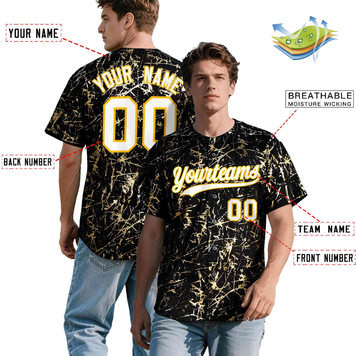 Custom Black White Black&amp;Shiny Gold Cracked Foil Hip Hop Button Down Baseball Jersey